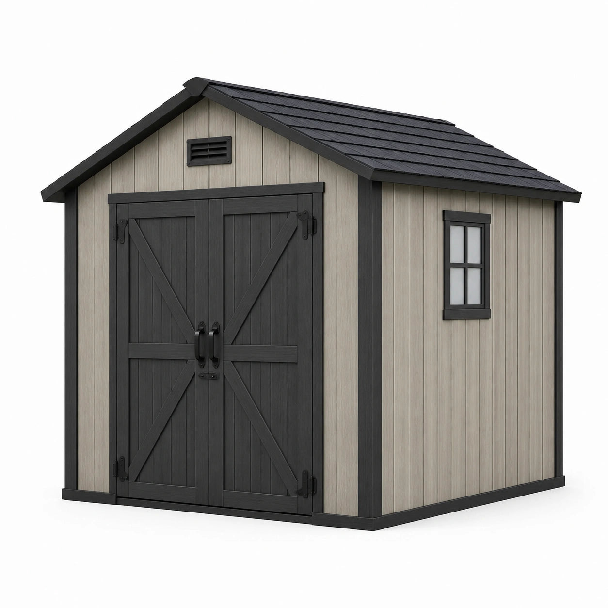 Abri de jardin en plastique gris et noir avec fenêtre et double porte