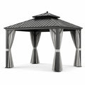 Pavillon de jardin en aluminium noir avec toit en polycarbonate et rideaux en polyester 3x4m