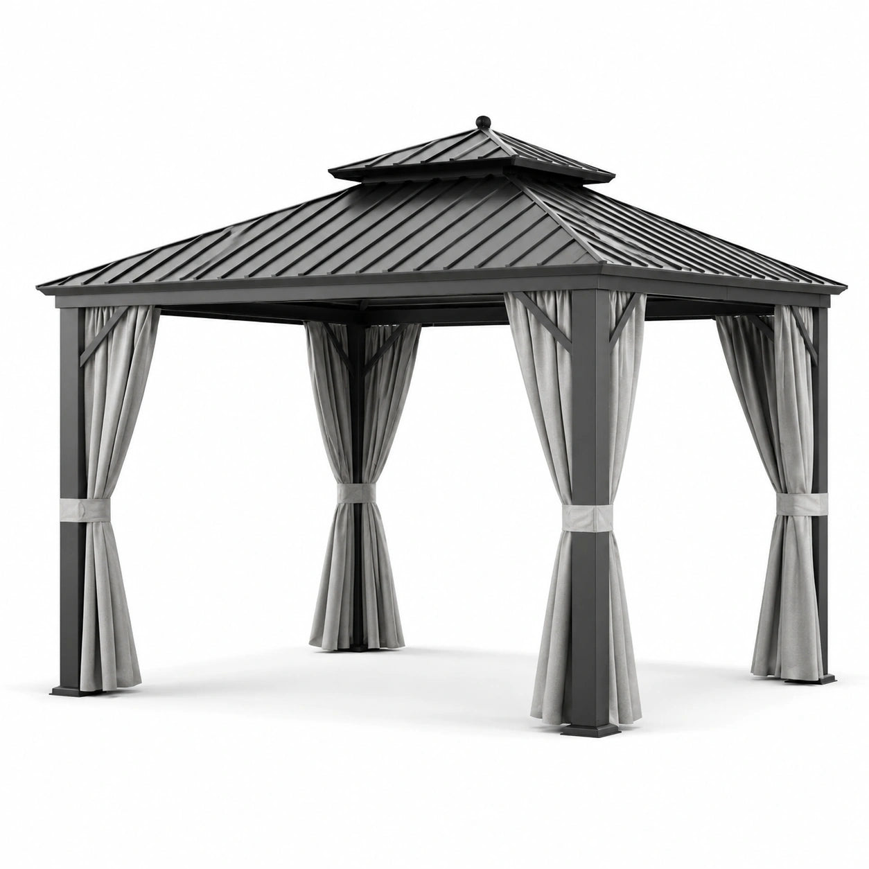 Pavillon de jardin en aluminium noir avec toit en polycarbonate et rideaux en polyester 3x4m