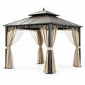 Pavillon de jardin en aluminium avec toit en acier et rideaux beige