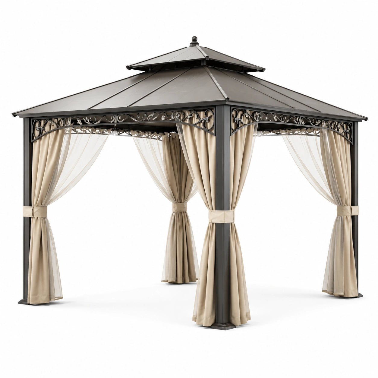 Pavillon de jardin en aluminium avec toit en acier et rideaux beige