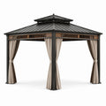 Pavillon de jardin en aluminium avec rideaux en polyester noir et beige
