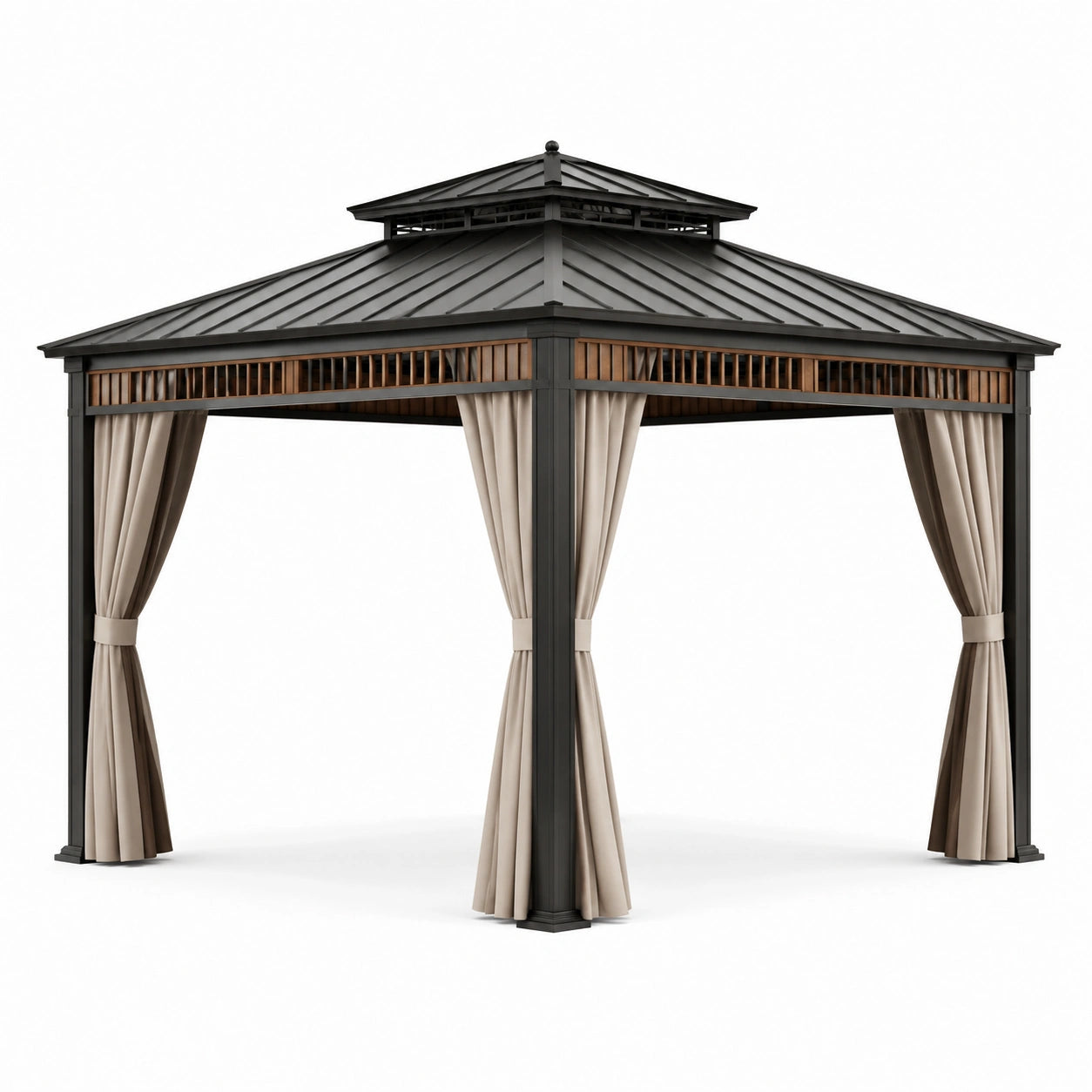 Pavillon de jardin en aluminium avec rideaux en polyester noir et beige