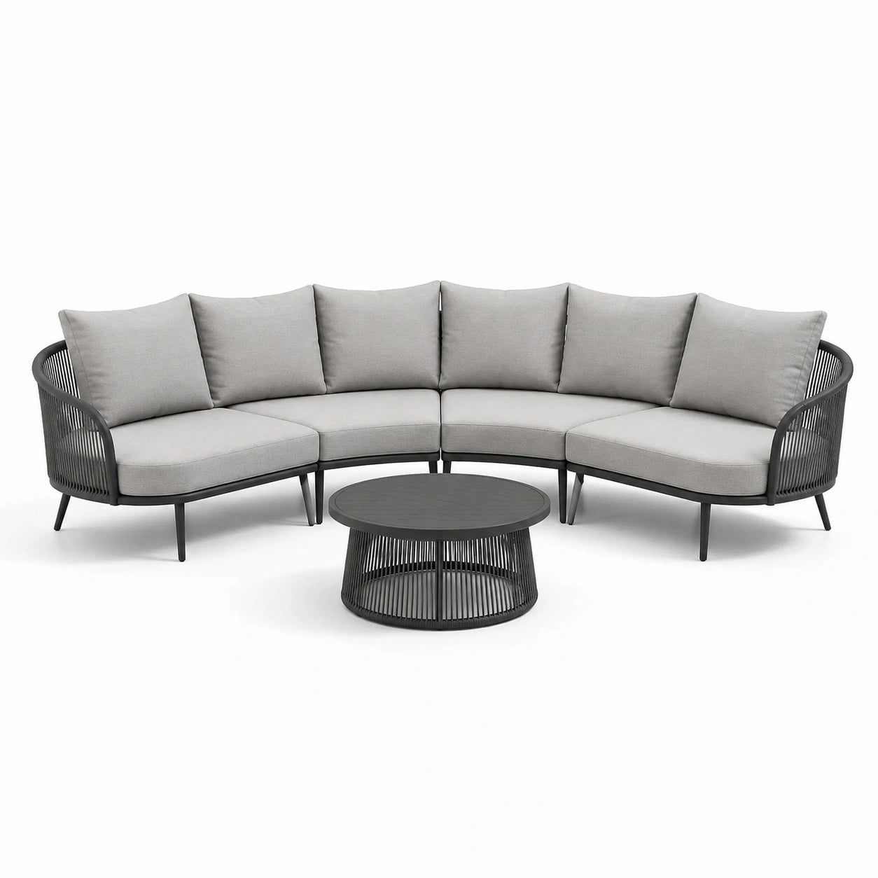 Salon de jardin en aluminium et corde polyester gris avec table ronde