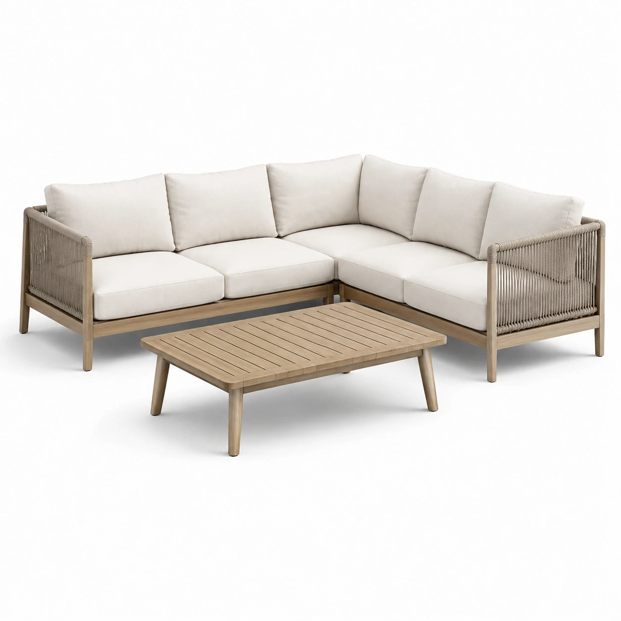 Ensemble de patio en bois d'acacia et corde avec coussins en polyester beige