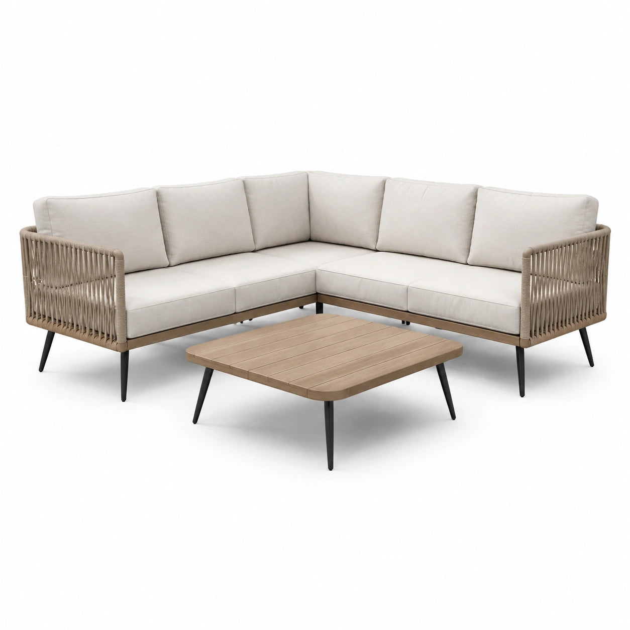 Ensemble canapé d'angle en aluminium et corde avec table basse en bois de 215 cm