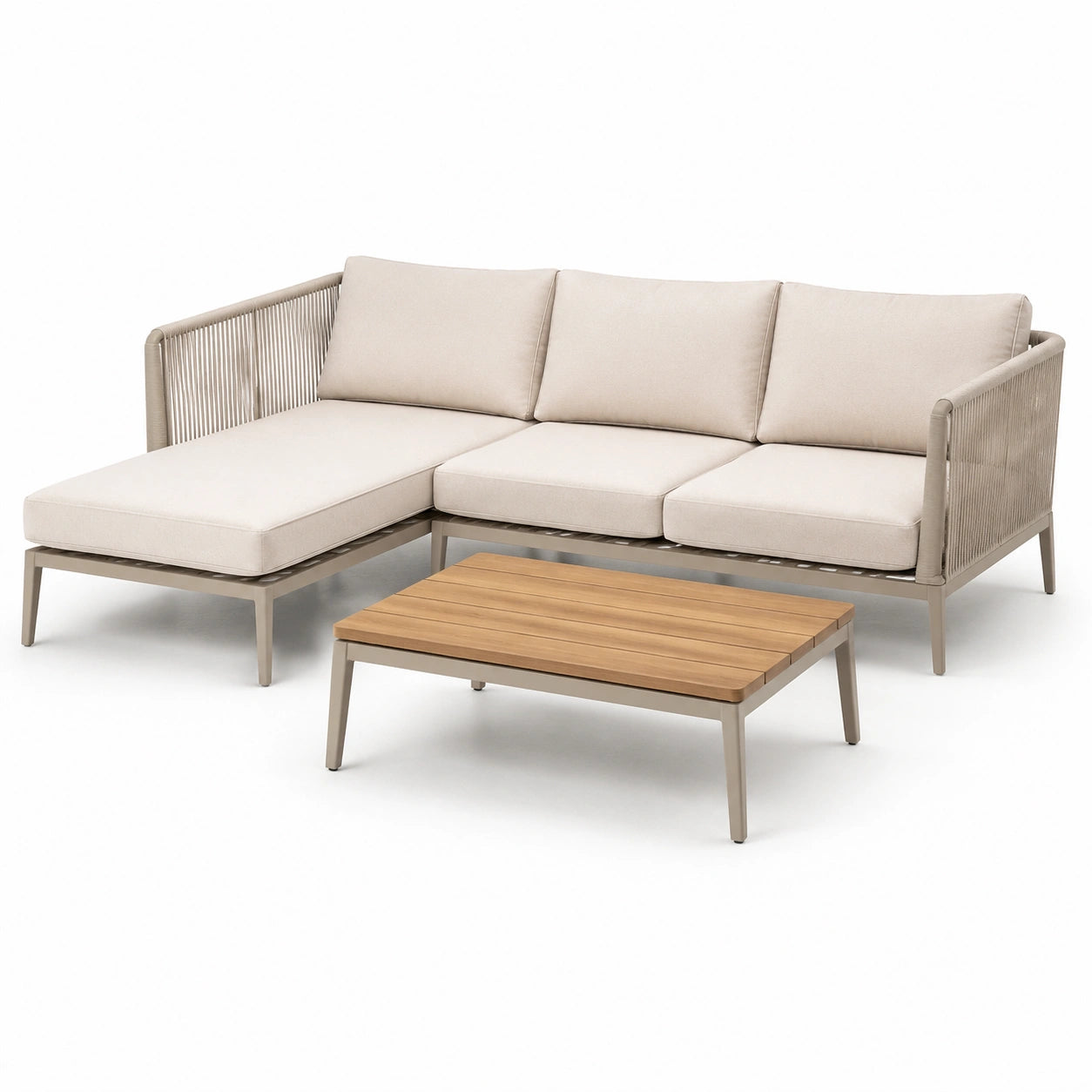 Canapé d'angle en aluminium et corde avec table en bois d'acacia