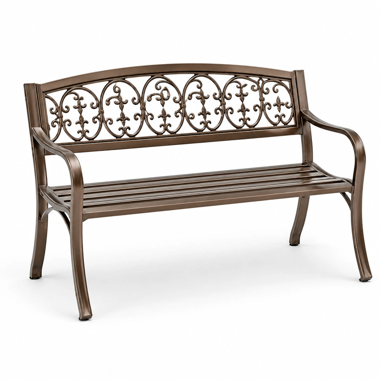 Banc de jardin en métal brun avec dossier décoratif