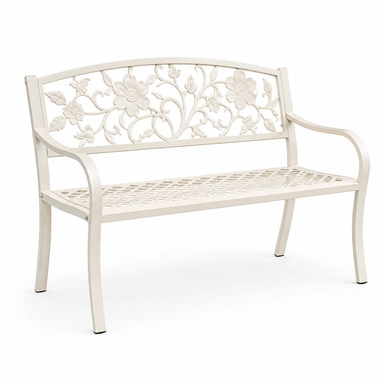 Banc de jardin en métal blanc avec motif floral
