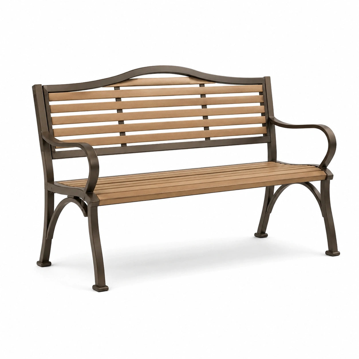 Banc de jardin en métal et bois composite brun 120 cm