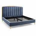 Lit double en velours bleu avec tête de lit et pieds en métal doré 200x160 cm