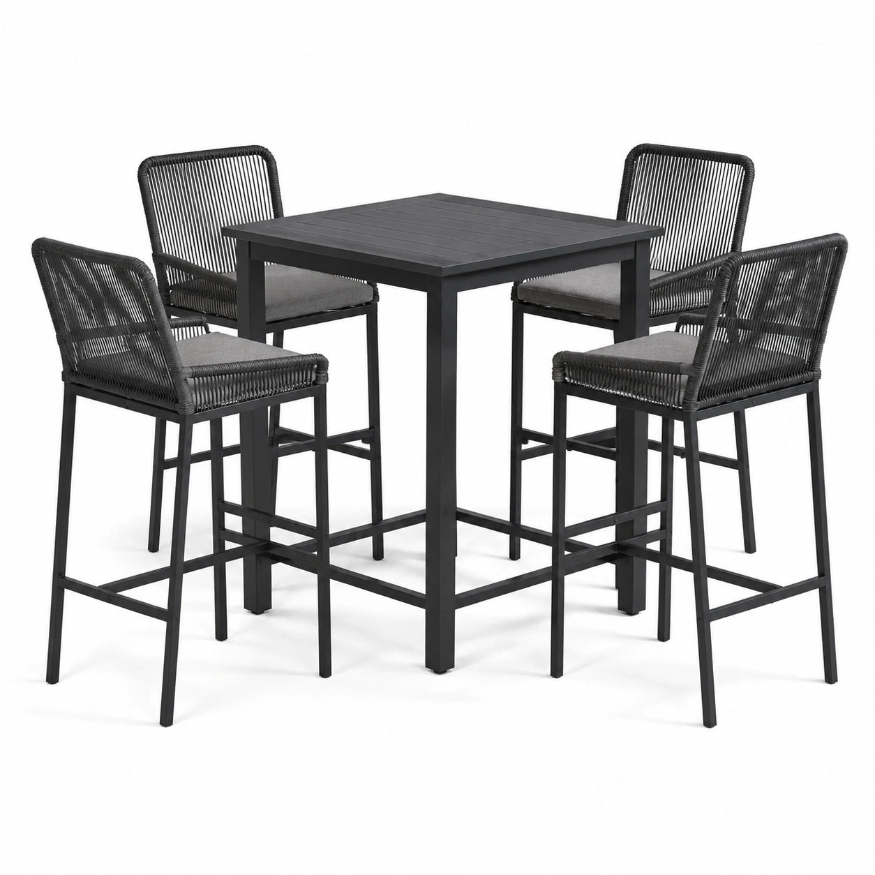 Ensemble table haute et 4 tabourets en métal et corde anthracite