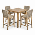 Ensemble table haute en bois de teck et tabourets en corde polyester tissée beige 4 places