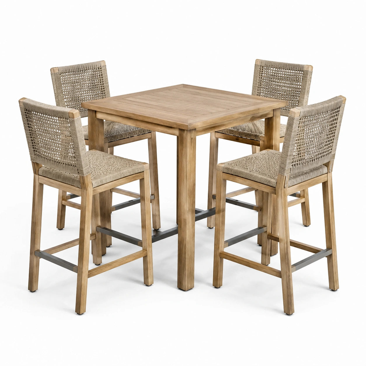 Ensemble table haute en bois de teck et tabourets en corde polyester tissée beige 4 places