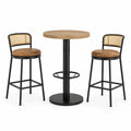 Ensemble table haute en bois et tabourets en cuir synthétique et rotin