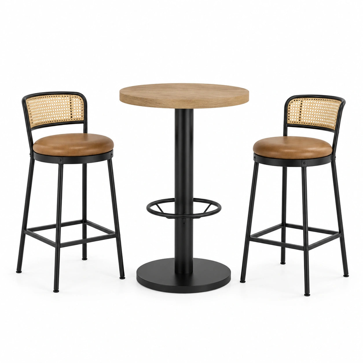 Ensemble table haute en bois et tabourets en cuir synthétique et rotin