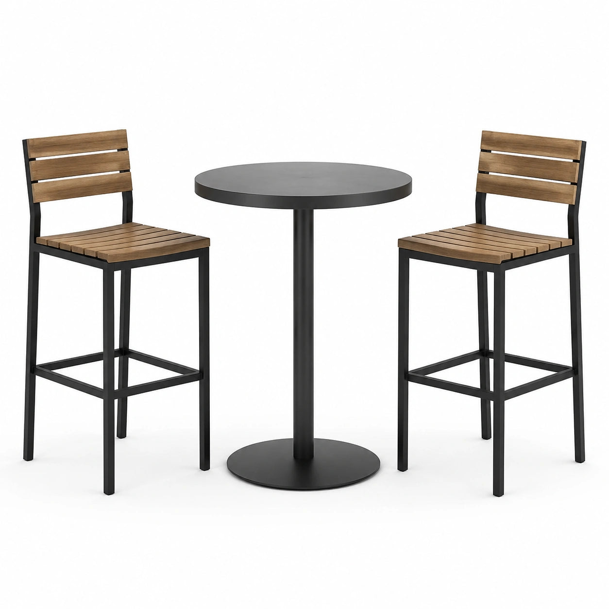 Ensemble table haute ronde métal noir et tabourets en bois d'acacia