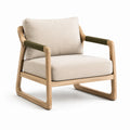Fauteuil en bois avec tissu en lin beige et détails verts