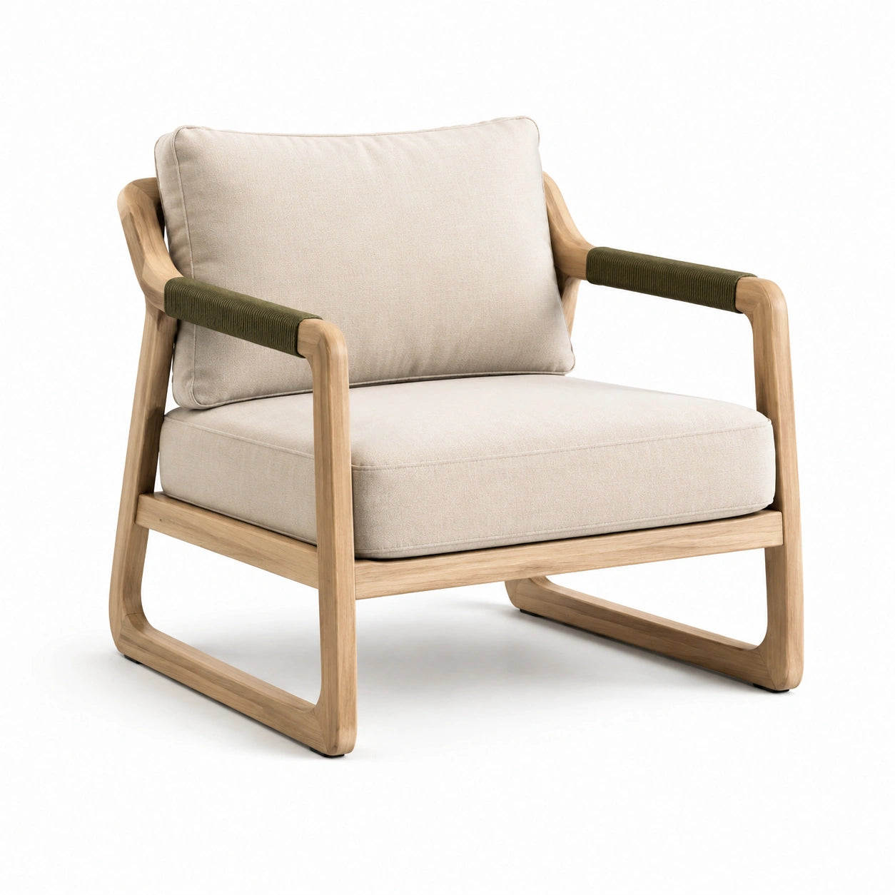 Fauteuil en bois avec tissu en lin beige et détails verts