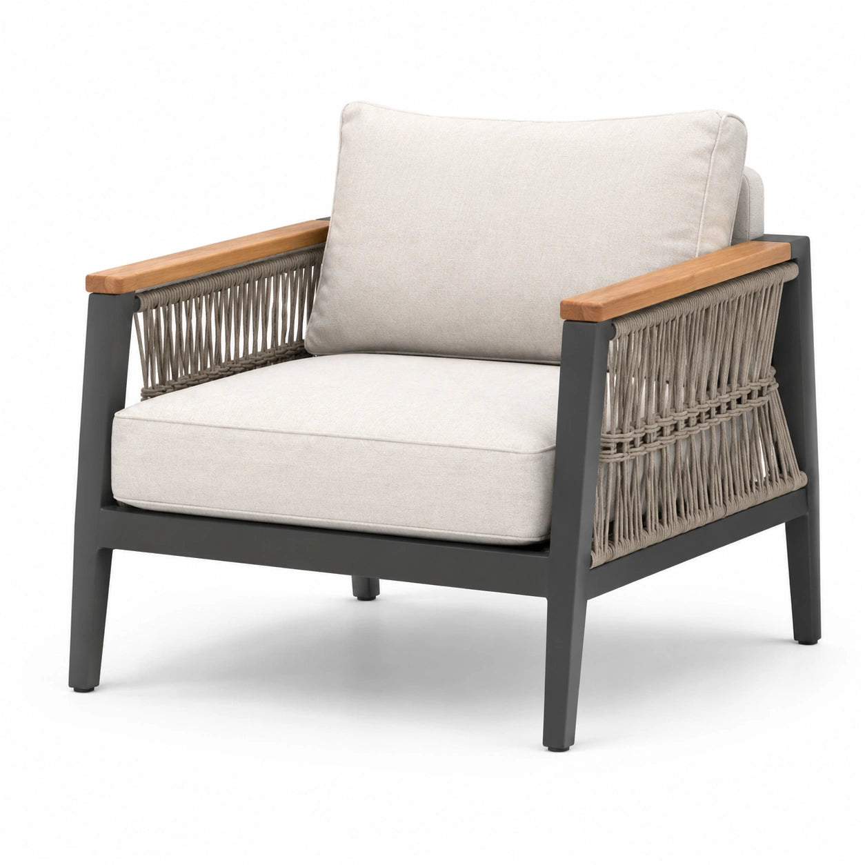 Fauteuil en aluminium et corde avec accoudoirs en teck beige