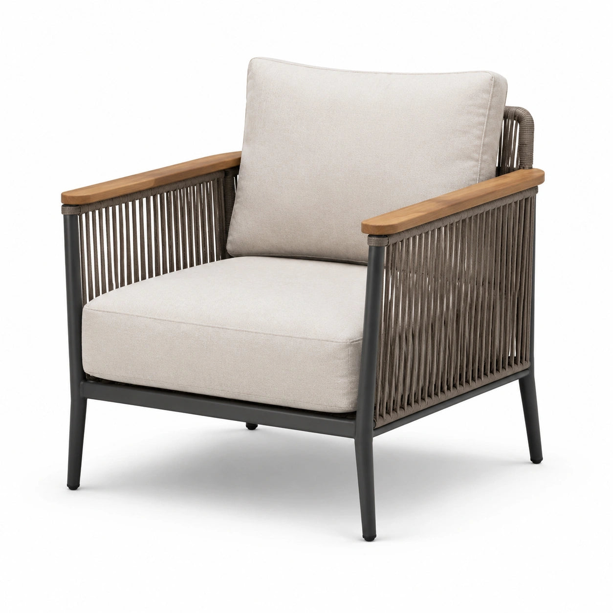 Fauteuil en aluminium avec accoudoirs en teck et coussins en polyester beige