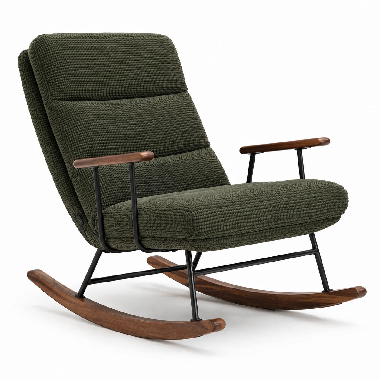Fauteuil à bascule en bois de noyer et métal avec tissu côtelé vert olive