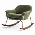 Fauteuil à bascule en tissu vert avec cadre en métal et pieds en noyer