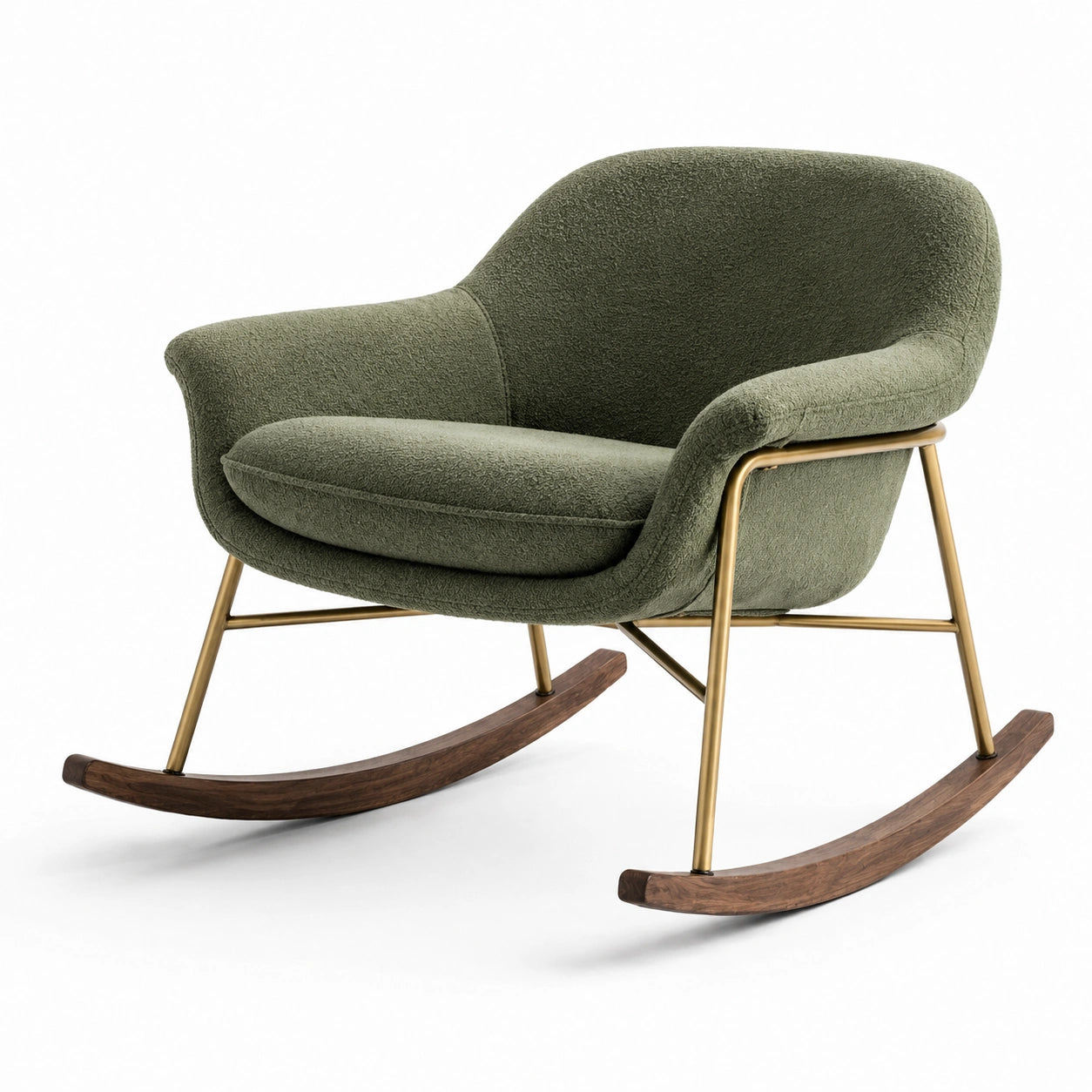 Fauteuil à bascule en tissu vert avec cadre en métal et pieds en noyer