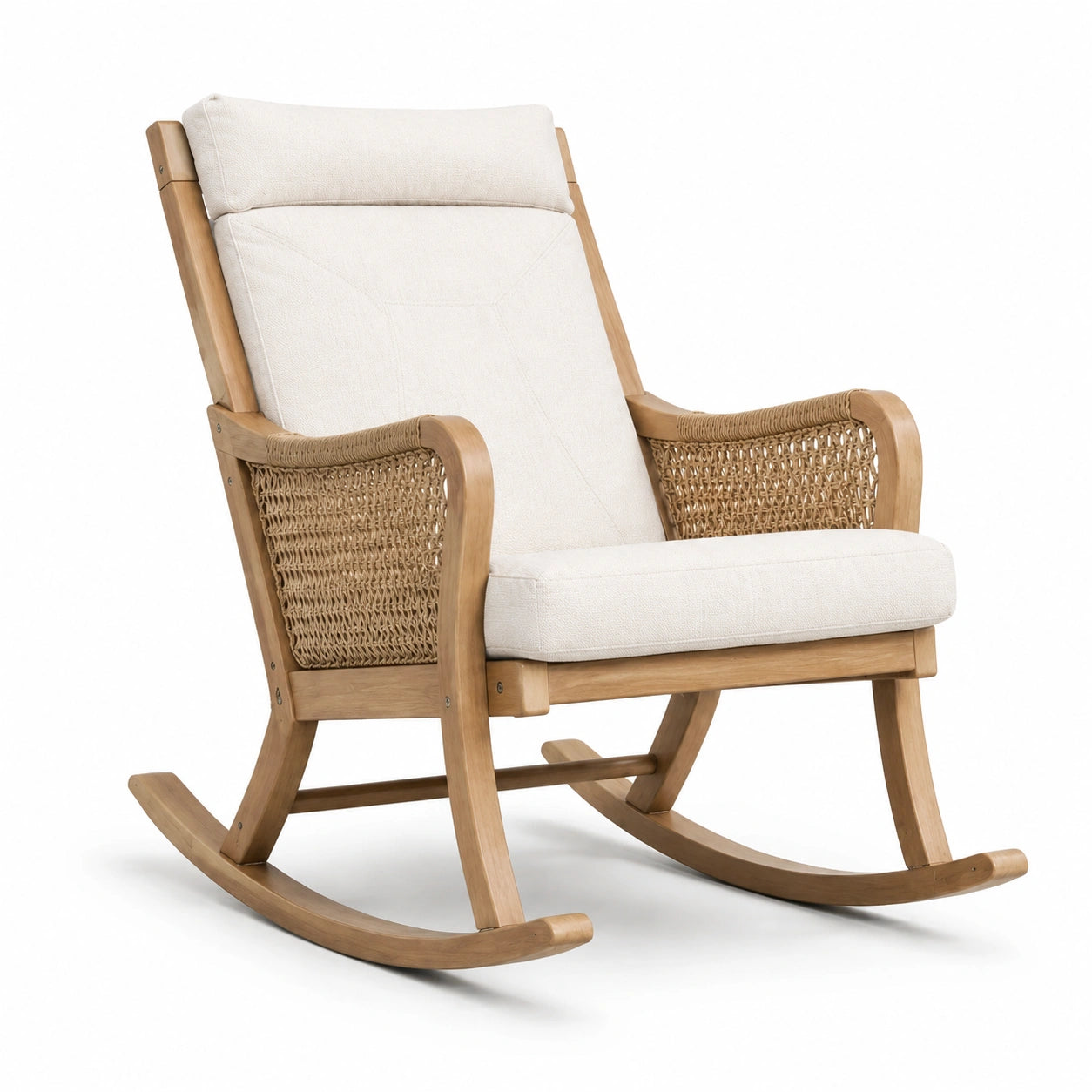 Fauteuil à bascule en bois et rotin beige