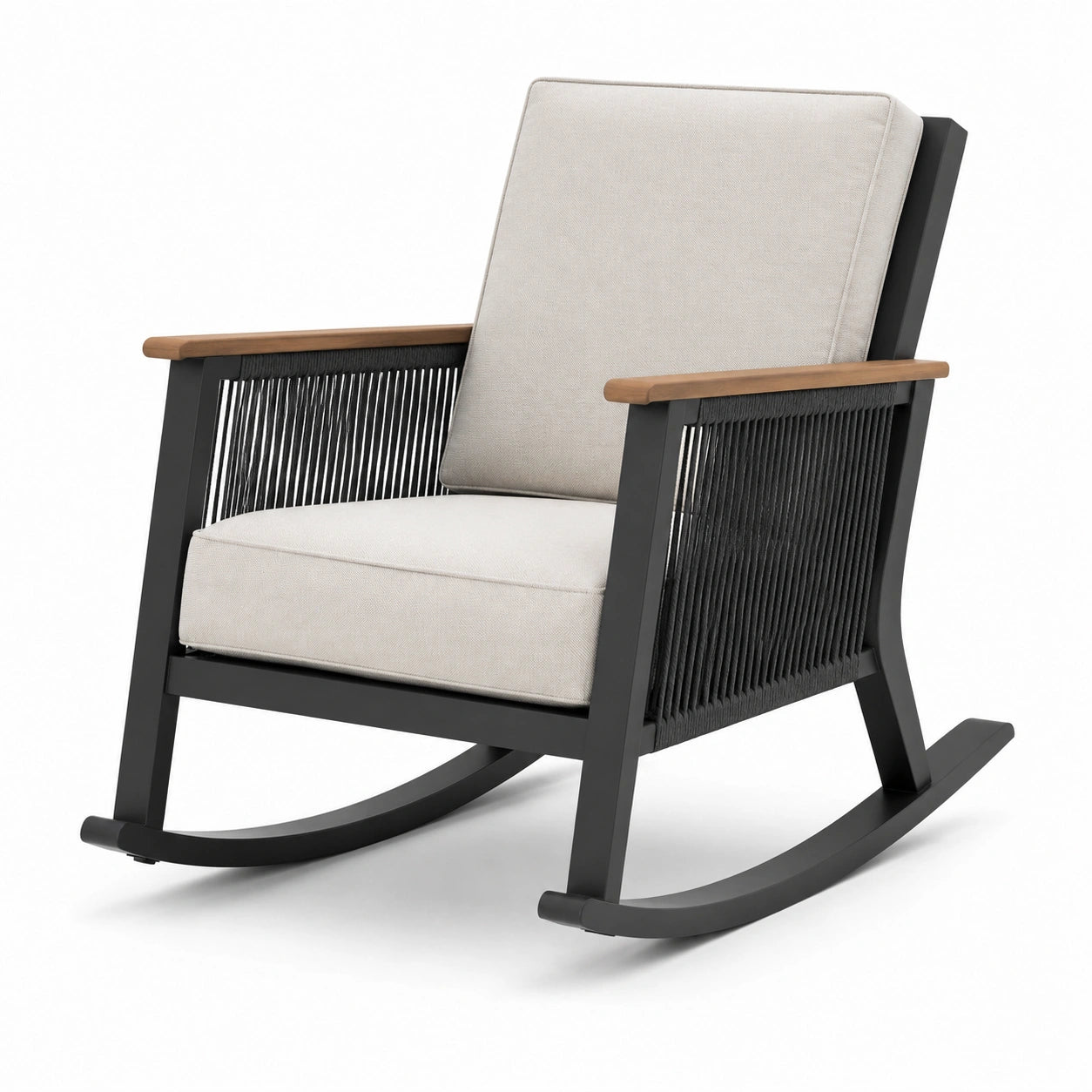 Fauteuil à bascule en aluminium et bois, tissu polyester beige